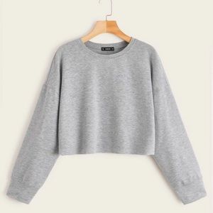 SHEIN Gray Drop Shoulder Raw Hem Crop Pullover